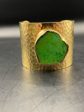 Gold Hammered Cuff Bracelet with Green Stone
